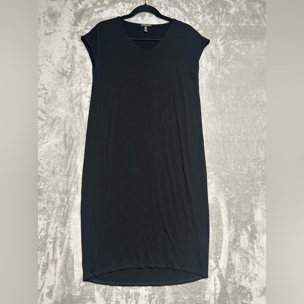 Eileen Fisher Midi T Shirt Dress Women’s Small Petite Black Cap Sleeve Stretch